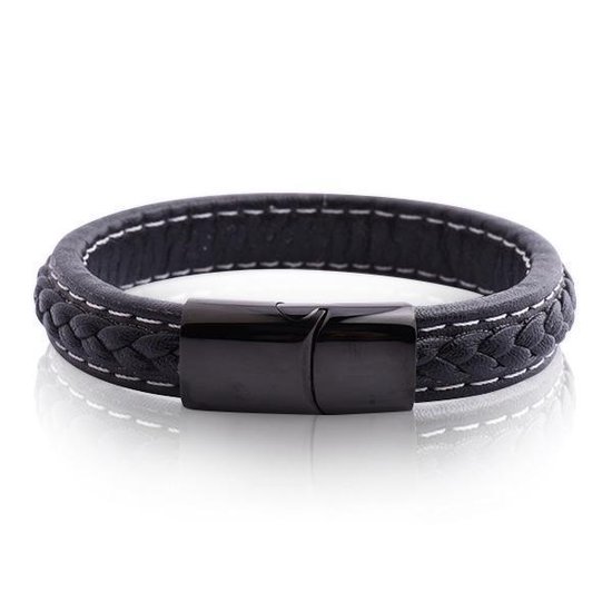 Armband Heren - Armband Mannen - Armband Dames - Heren Armband - Armband - Leer met Zwarte Schakel - Leron