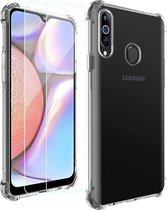 Hoesje Geschikt voor: Samsung Galaxy A20S - Anti Shock Hybrid Case & 2X Tempered Glas Combi - Transparant