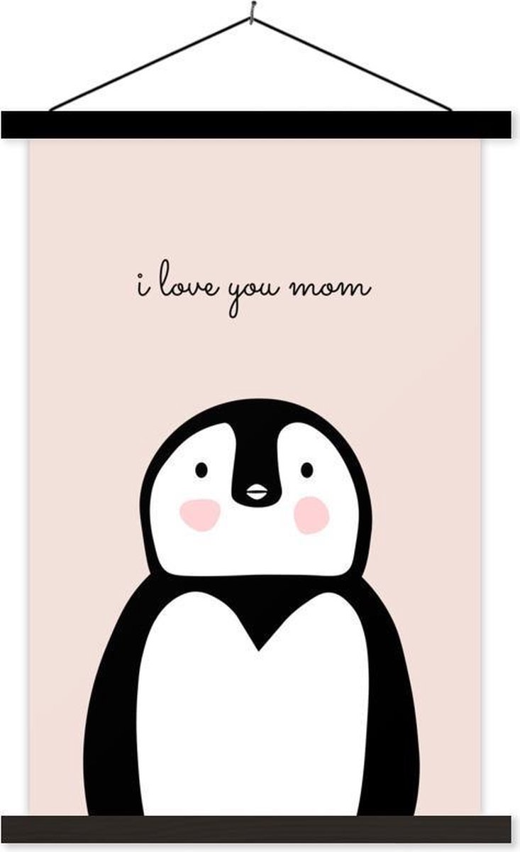 Quote voor Moederdag – i love you mom met pinguïn – lichtroze textielposter schoolplaat 120x180 cm - Foto print op textielposter (wanddecoratie woonkamer/slaapkamer) XXL / Groot formaat!