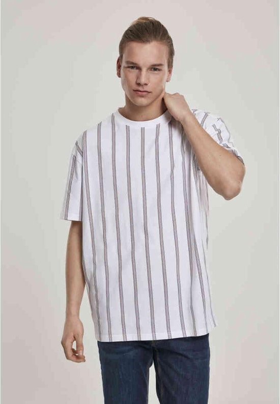 Urban Classics - Heavy Oversized AOP Stripe Heren T-shirt - S - Wit/Blauw