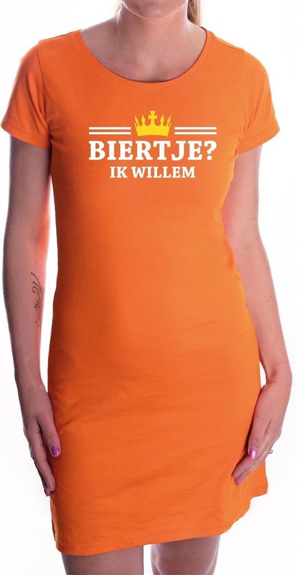 Biertje ik Willem met gouden kroontje jurk oranje voor dames - Koningsdag - bierliefhebber - supporters kleding / oranje jurkjes M