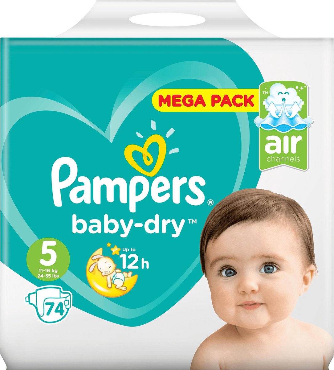 Pampers Baby Dry taille 5-11 à 16kg - 74 pièces | bol