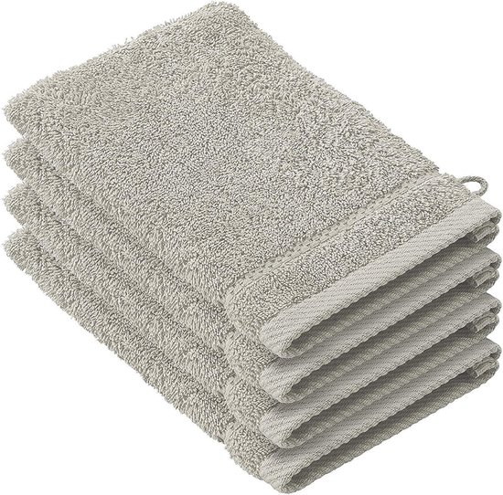 Vier grijze washandjes van De Witte Lietaer, 15 x 21 cm, gemaakt van katoen. Stapel van vier, met een effen textuur en een subtiele rand.