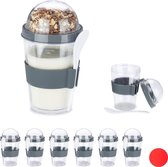 Relaxdays 8 x muesli beker to go - yoghurtbeker - to go beker - met lepel – bekers - grijs