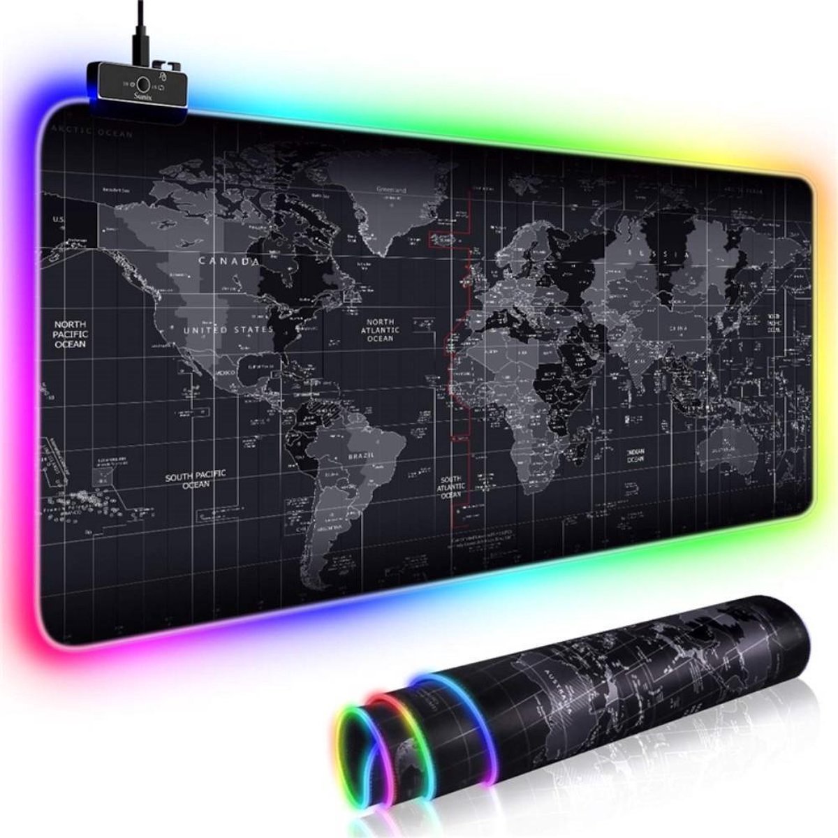 Muismat XXL - Wereldkaart Muismat met LED-verlichting - Geschikt voor gaming - 30 x 80 cm - Zwart