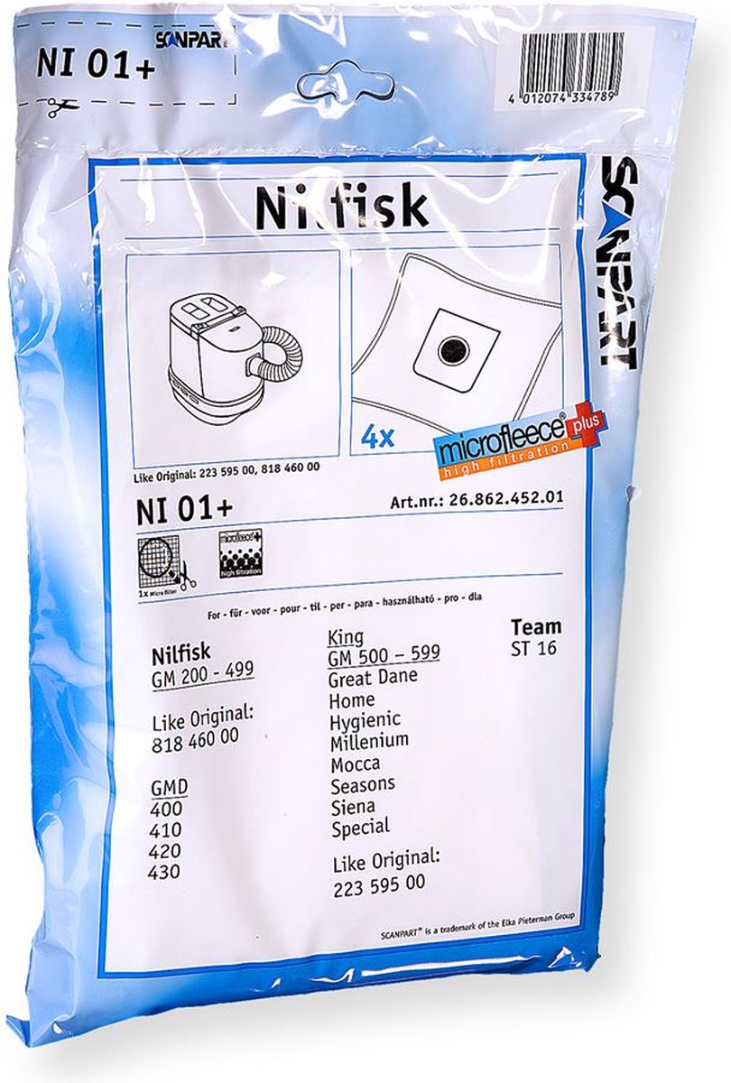 Scanpart stofzuigerzakken 4 stuks - Geschikt voor Nilfisk Elite Extreme GM300 GM400 GM500 King Power - Inclusief 1 filter - Alternatief