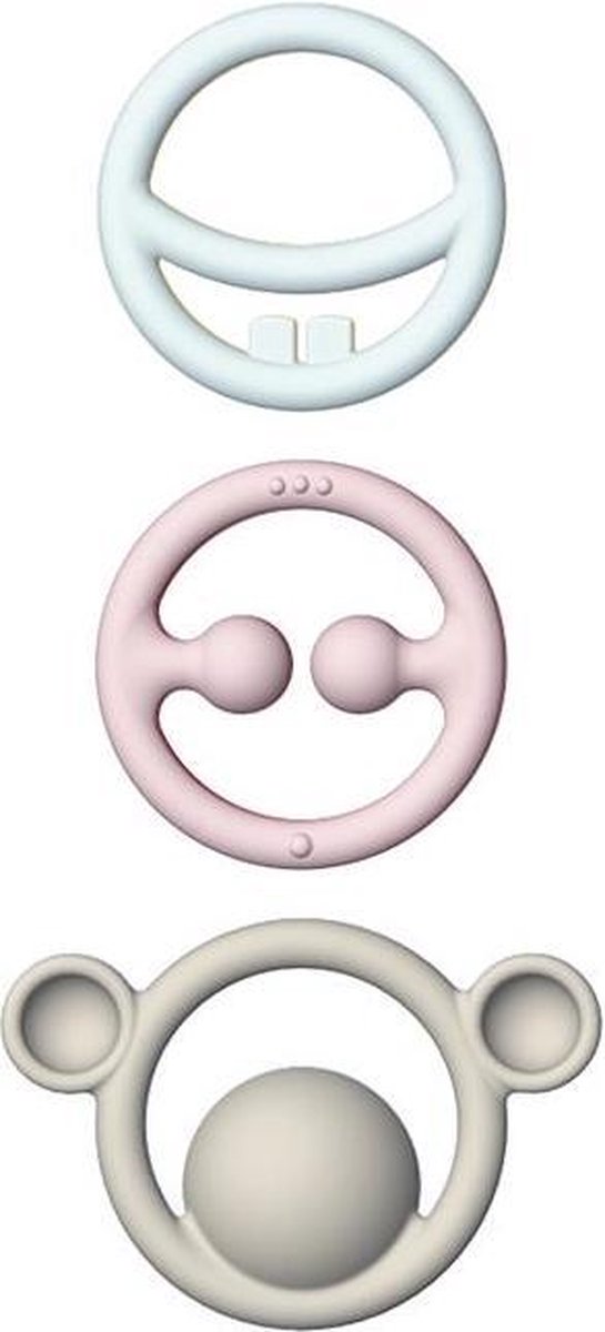 NIGI, NAGI & NOGI / SET Pastelkleuren, set van 3 tactiele bijtringen in verschillende kleuren, in siliconen rubber, in doos 12.5x2x25.8cm, 0+