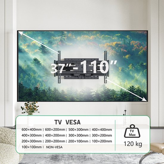 Support TV noir pour écrans de 37" à 110" jusqu'à 120 kg. Compatibilité VESA indiquée.