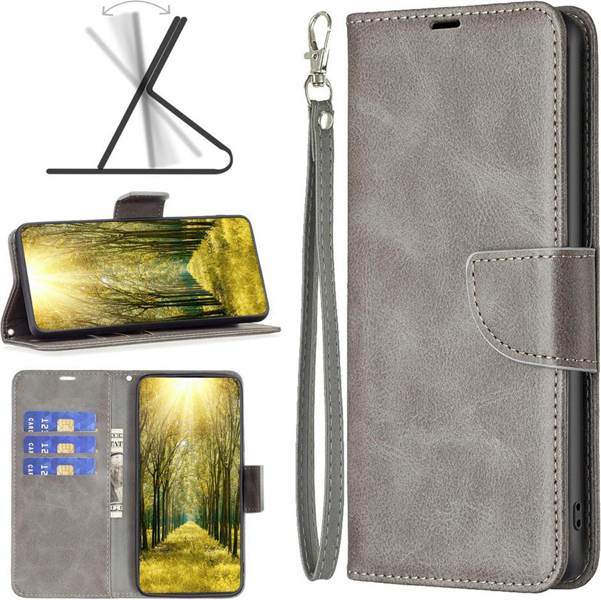 MobyDefend Hoesje - Geschikt voor Motorola Moto G54 - Wallet Book Case Met Koord - Grijs