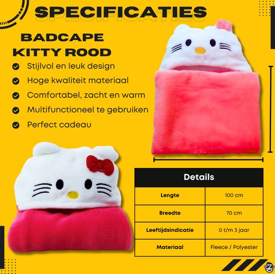BoefieBoef Hello Kitty! 2-in-1 Fleece Badcape & Wikkeldeken voor Baby's/Peuters met Dierencapuchon: Warm, Zacht & Comfortabel - Ideaal als Kerst- Verjaardags of Kraamcadeau - Kat Rood — afbeelding 3