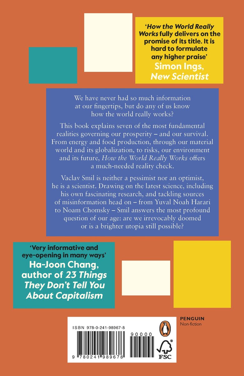 Dos du livre "How The World Really Works" avec des citations, du texte et un code-barres ISBN.