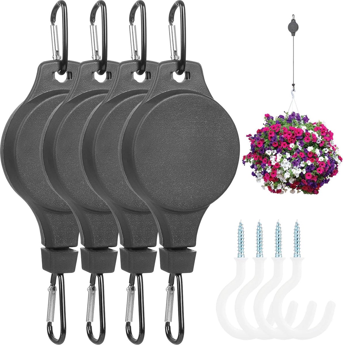 4 x Hangende mand katrol, verstelbare hangende plantenrol met 4 witte plafondhaken voor hangende plantenmanden, voederbak voor vogels, plantengroeilamp, zwart