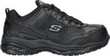 Zwarte Skechers werkschoen, zijaanzicht met veters, S-logo en 'Relaxed Fit Memory Foam' op de tong.