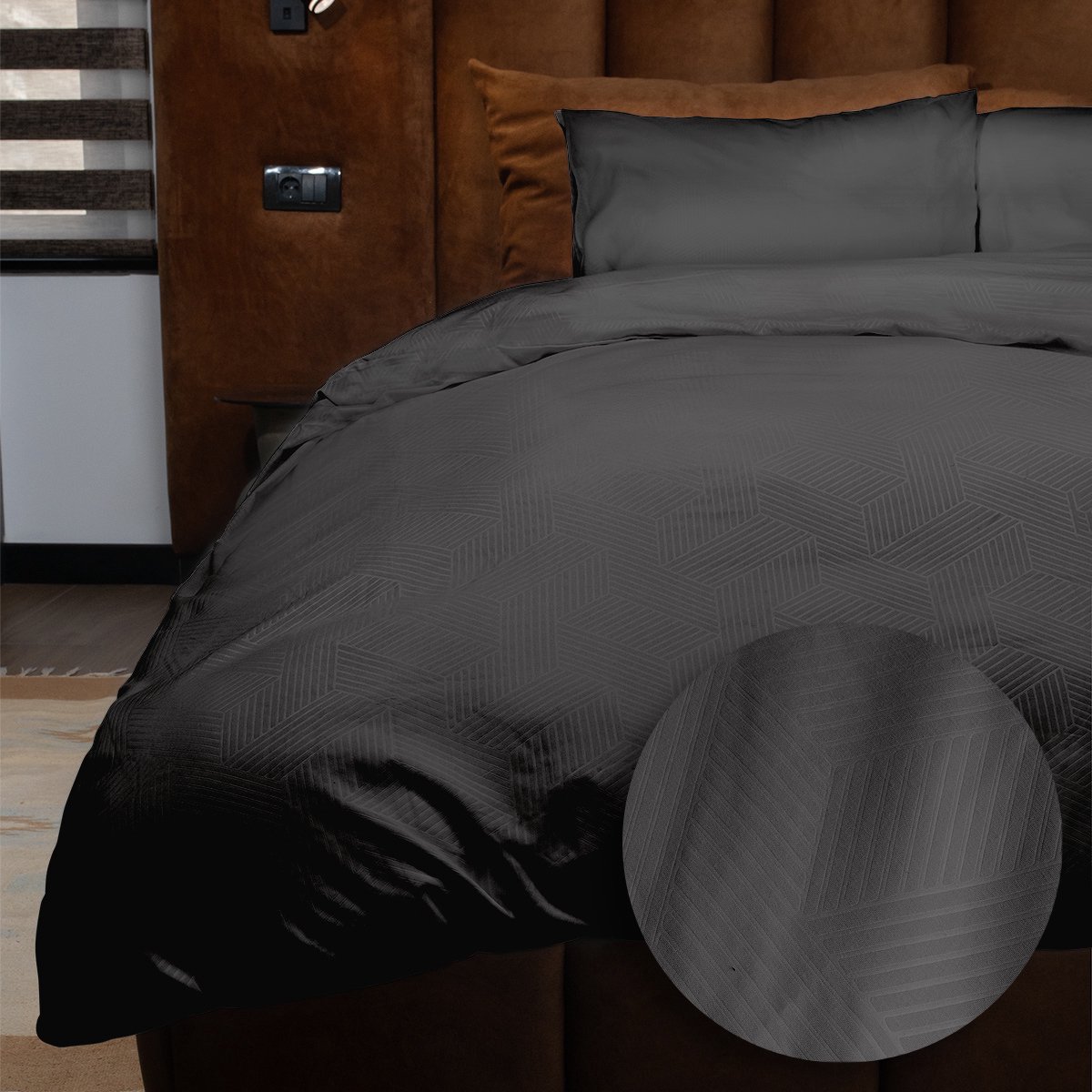 Zydante Dekbedovertrek Set 240x220 cm - Dekbedhoes met 2 Kussenslopen - Emboss Geometric - Zwart