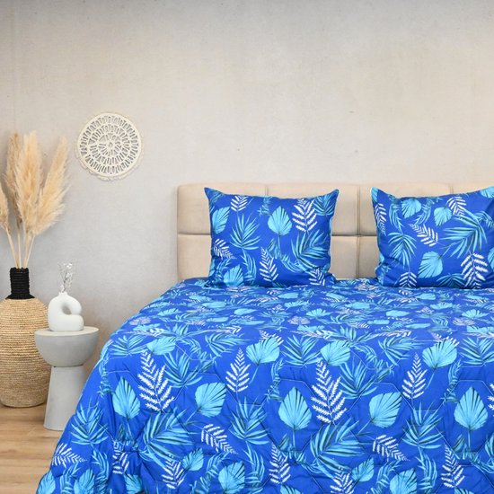 HappyBed All year dekbed enkel 140x220 - Eenpersoonsdekbed - Wasbaar dekbed zonder overtrek - Bedrukt dekbed zonder hoes - Hoesloos Dekbed met Print - Microvezel - Blue leaves