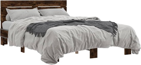 vidaXL - Cadre de lit - décoré - bois - métal - fumé - chêne - 120x200 - cm