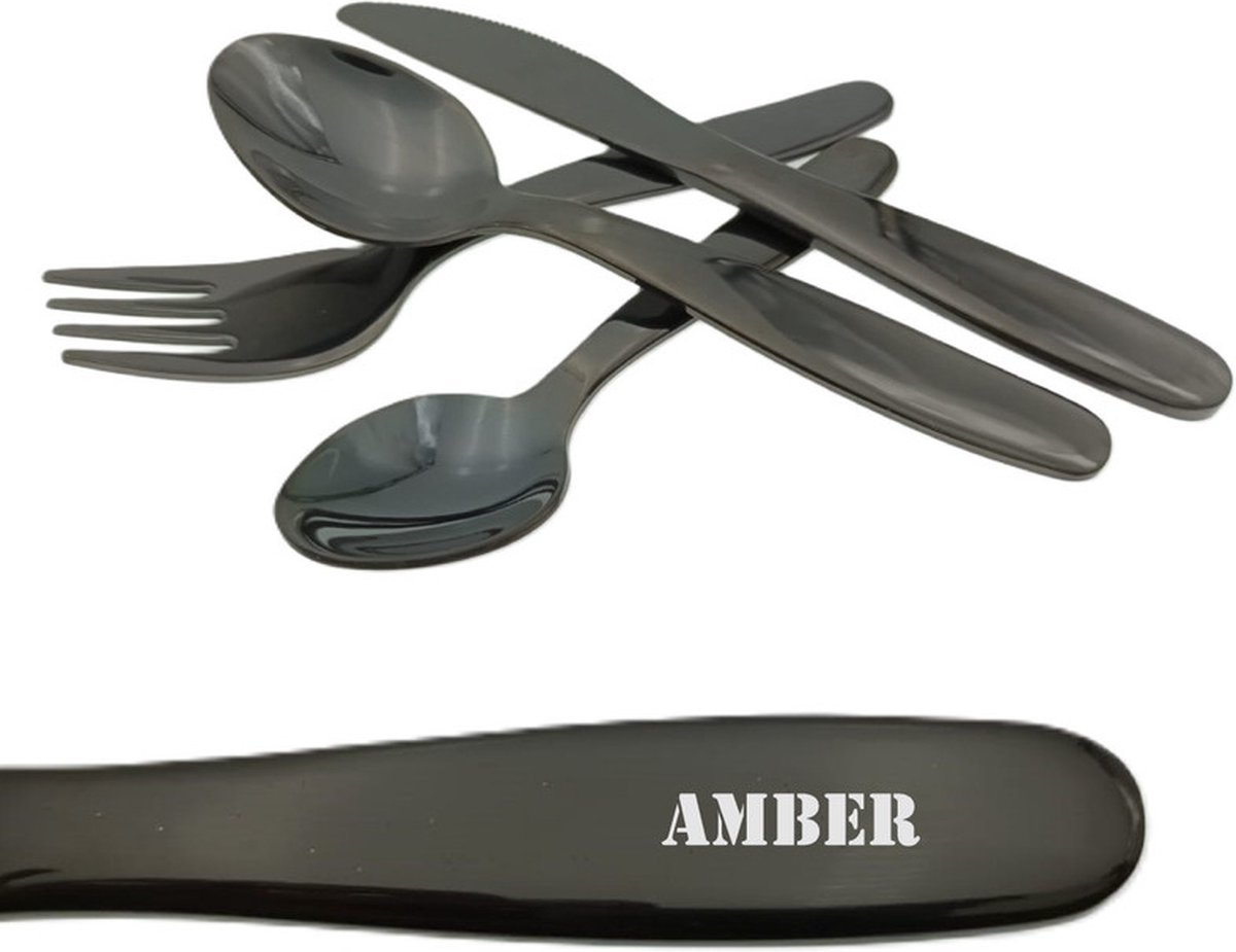 Goedkoopste Kinderbestek Met Stoere Naam Gravering - Amber - Zwart