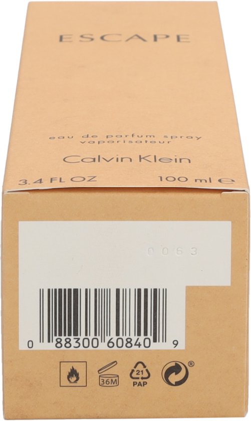 Beige verpakking van Calvin Klein Escape 100 ml eau de parfum spray met barcode.