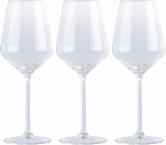 Trois verres à vin transparents avec un subtil motif scintillant sur la partie supérieure du gobelet.