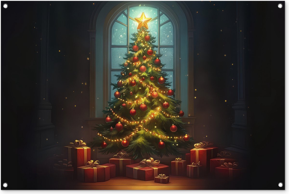 Tuinposter Kerstboom 120x80 cm voor buiten decoratie op schutting.