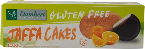 Doosje Jaffa Cakes van Damhert, glutenvrij, 150g, met sinaasappel en chocolade.
