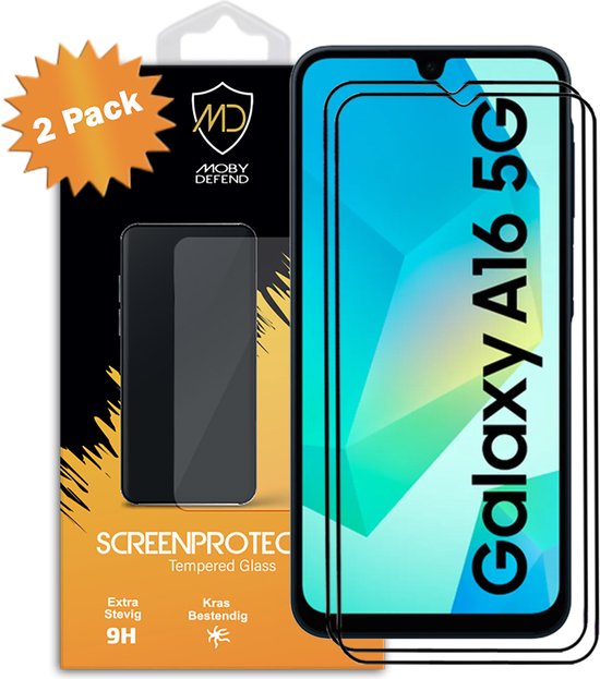 2-pack MobyDefend screenprotectors voor Samsung Galaxy A16 5G, met zwarte randen.