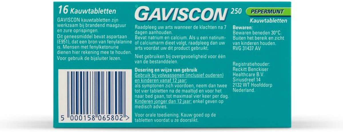 Goedkoopste Gavison Pepermunt Kauwtabletten 250 mg - Maagzuurremmers - 3 x 16 stuks