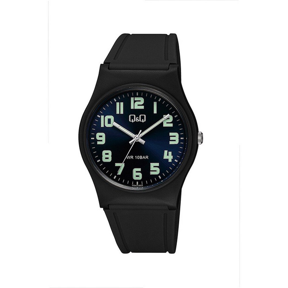 QQ VS42J003Y - Horloge - Sport - Analoog - Unisex - Plastic band - Rond - Cijfers - Kunststof - Zwart - Donkerblauw - Crème - 10 ATM