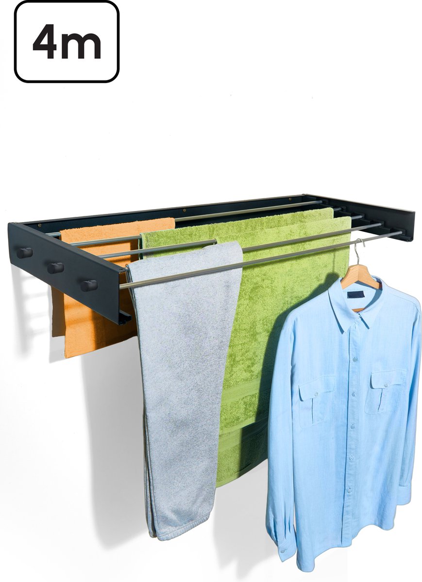 Goedkoopste Bodo® In- en uitklapbaar droogrek met Ophanghaken - Zwart - 4m Drooglengte
