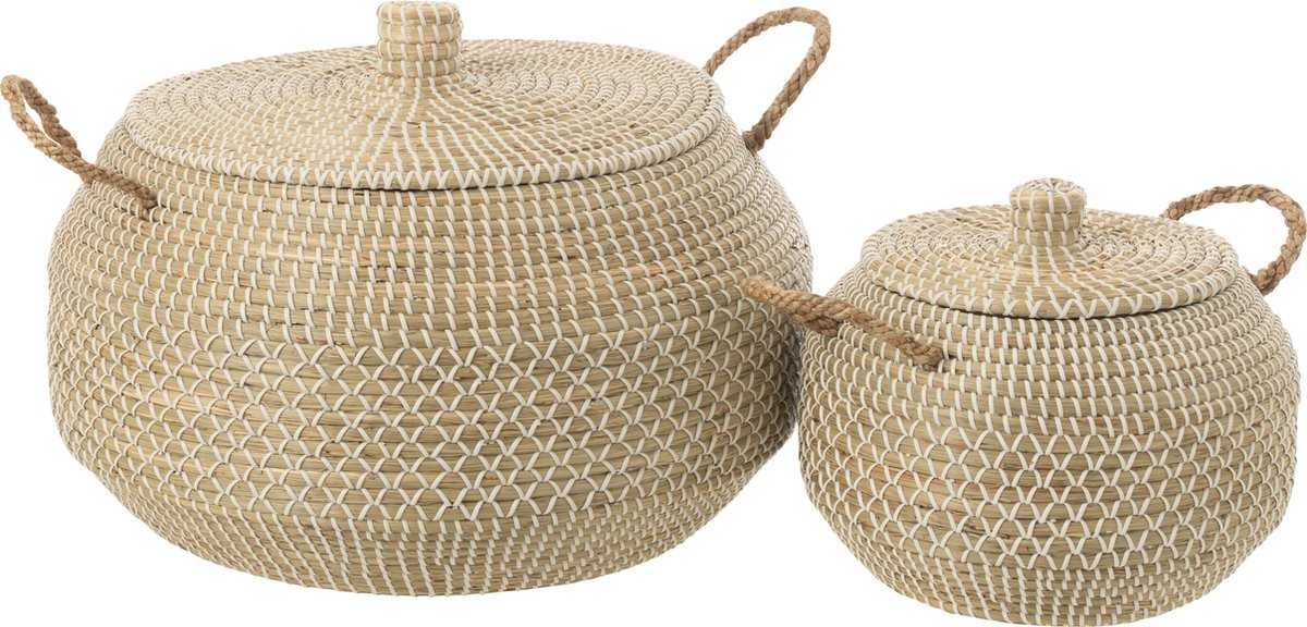 J-Line mand Handvat + Deksel - zeegras - naturel/wit - set van 2