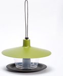 Groene vogelvoederhuisje met transparante bak en ophanglus.