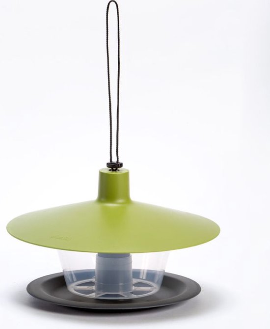 Groene vogelvoederhuisje met transparante bak en ophanglus.