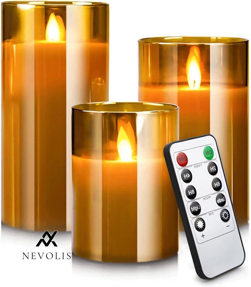 Nevolis LED candles with remote control outdoor candle timer flickering flame candle glass set of 3 wax candles - 10.2cm 12.7cm 15.2cm. .