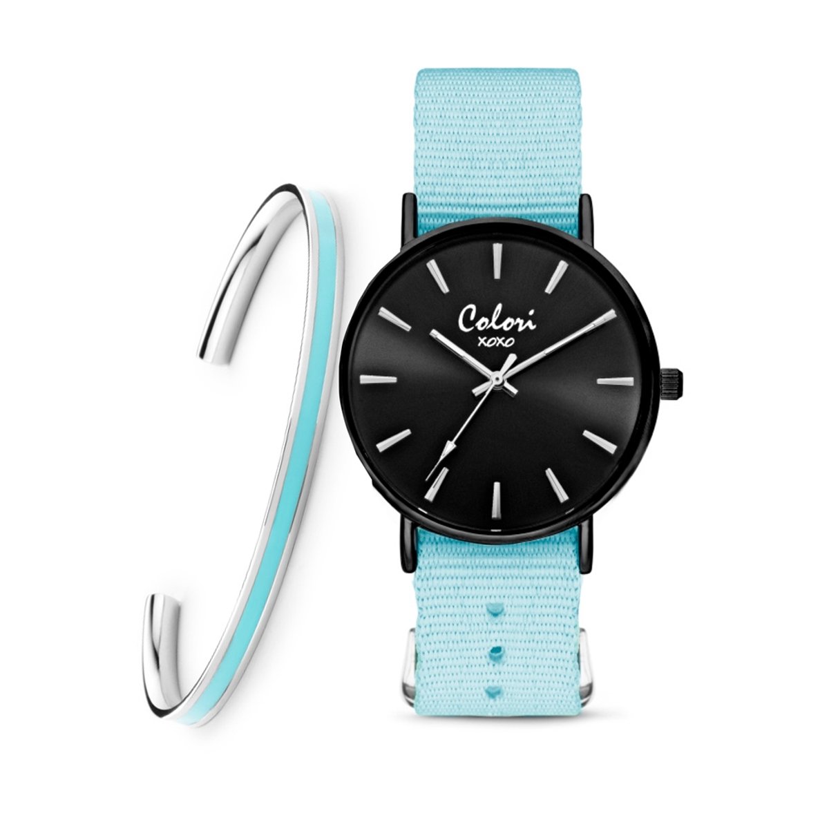 Colori XOXO 5 COL546 Horloge Geschenkset met Armband - Nato Band - Lichtblauw - ø 36 mm
