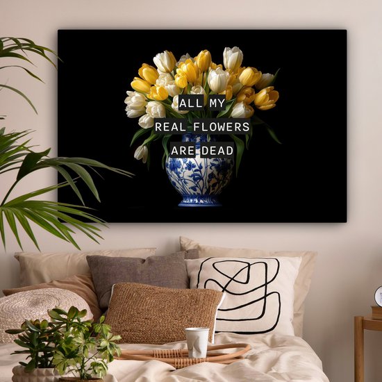 Peinture sur toile 120x80 cm - Décoration murale Citations - Bloem - Tulipe - Jaune - Décoration murale murale salon - Décoration chambre - Accessoires de chambre - Peintures sur toile