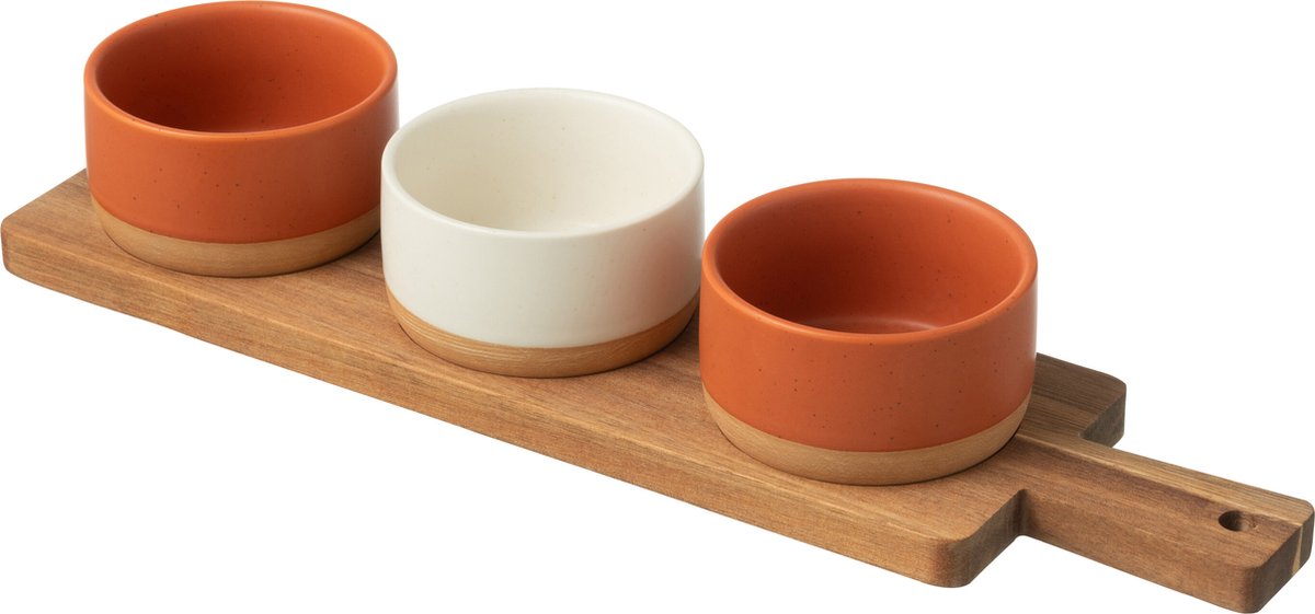 J-Line tapasplank 3 kommen + bambouschaal In Doos - keramiek/hout - wit/oranje