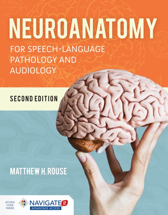 Couverture du livre 'Neuroanatomy for Speech-Language Pathology and Audiology', deuxième édition. Un modèle de cerveau humain est tenu.