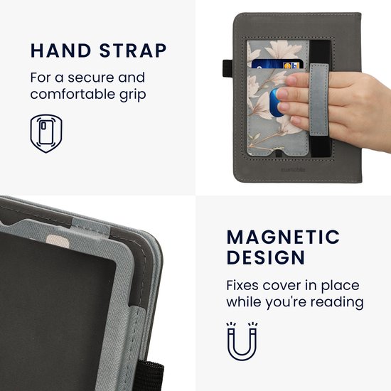 kwmobile e-reader hoesje geschikt voor Amazon Kindle Paperwhite (2024)/Colorsoft hoes - E reader flip case van kunstleer - Ereader cover met stand - Magnolia design in taupe / wit / blauwgrijs van Merkloos — afbeelding 2