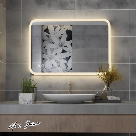 MIQU MIA Badkamerspiegel met ledverlichting, 80 x 60 cm, warmwit/koudwit licht, grote wandspiegel met aanraakschakelaar, anticondensfunctie, voor badkamer, wc