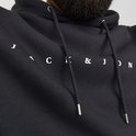 Detail van de opdruk 'JACK & JONES' op een zwarte hoodie.