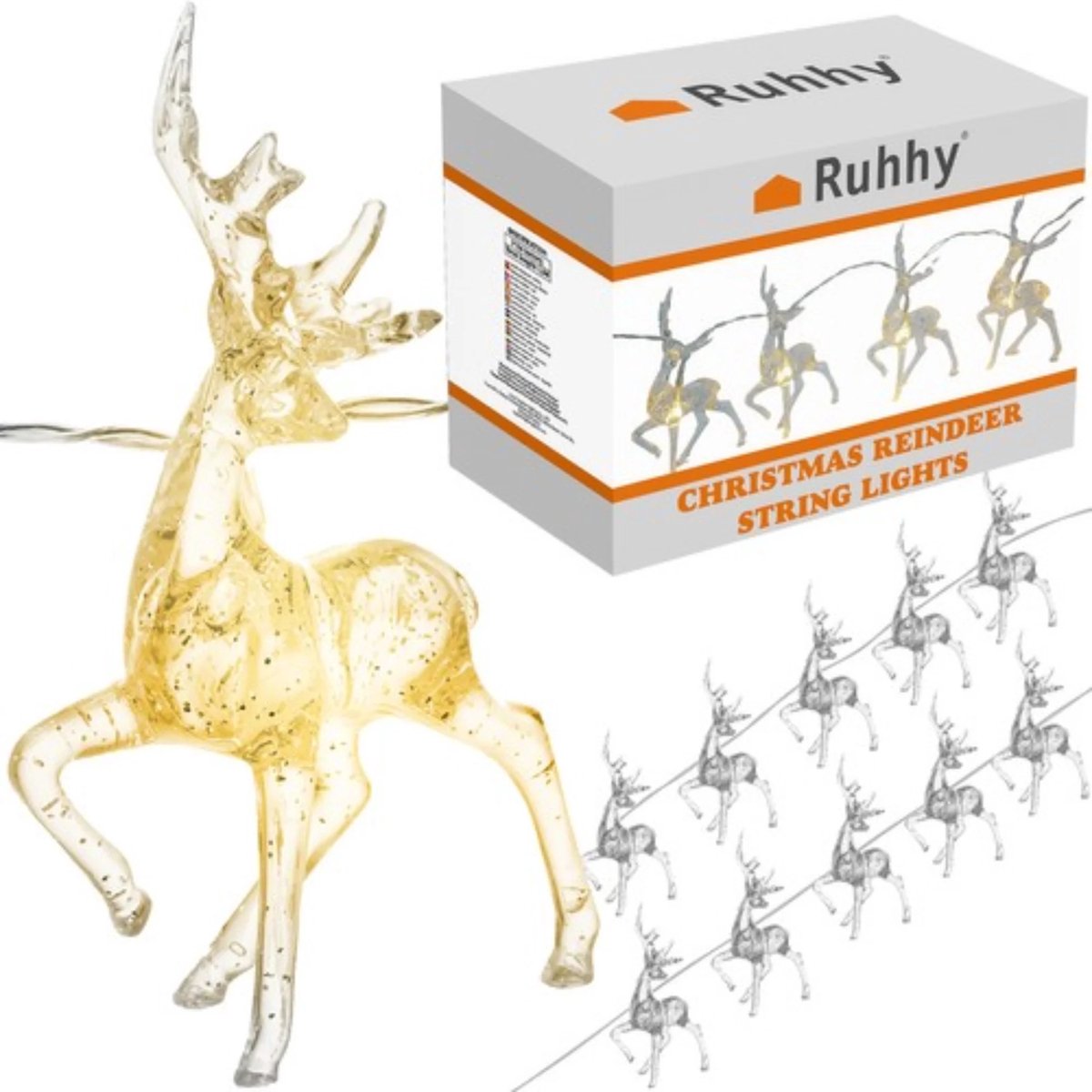 Ruhhy LED Rendier Kerstverlichting - 10 Stuks - Warme Witte Kerstlampjes met Batterijvoeding