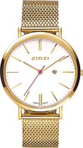 ZINZI Retro horloge witte wijzerplaat en geelgoudkleurige stalen kast stalen mesh band geelgoudkleurig 38mm extra dun ZIW407M