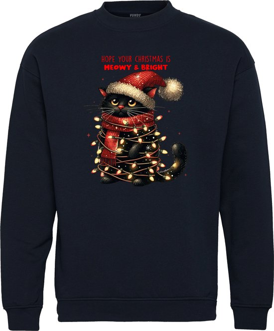 Pull de Noël Chat Meowy & Bright | Ugly Christmas Pull Femme Homme | cadeau de Noël | Paquet de Noël | Marine | taille M