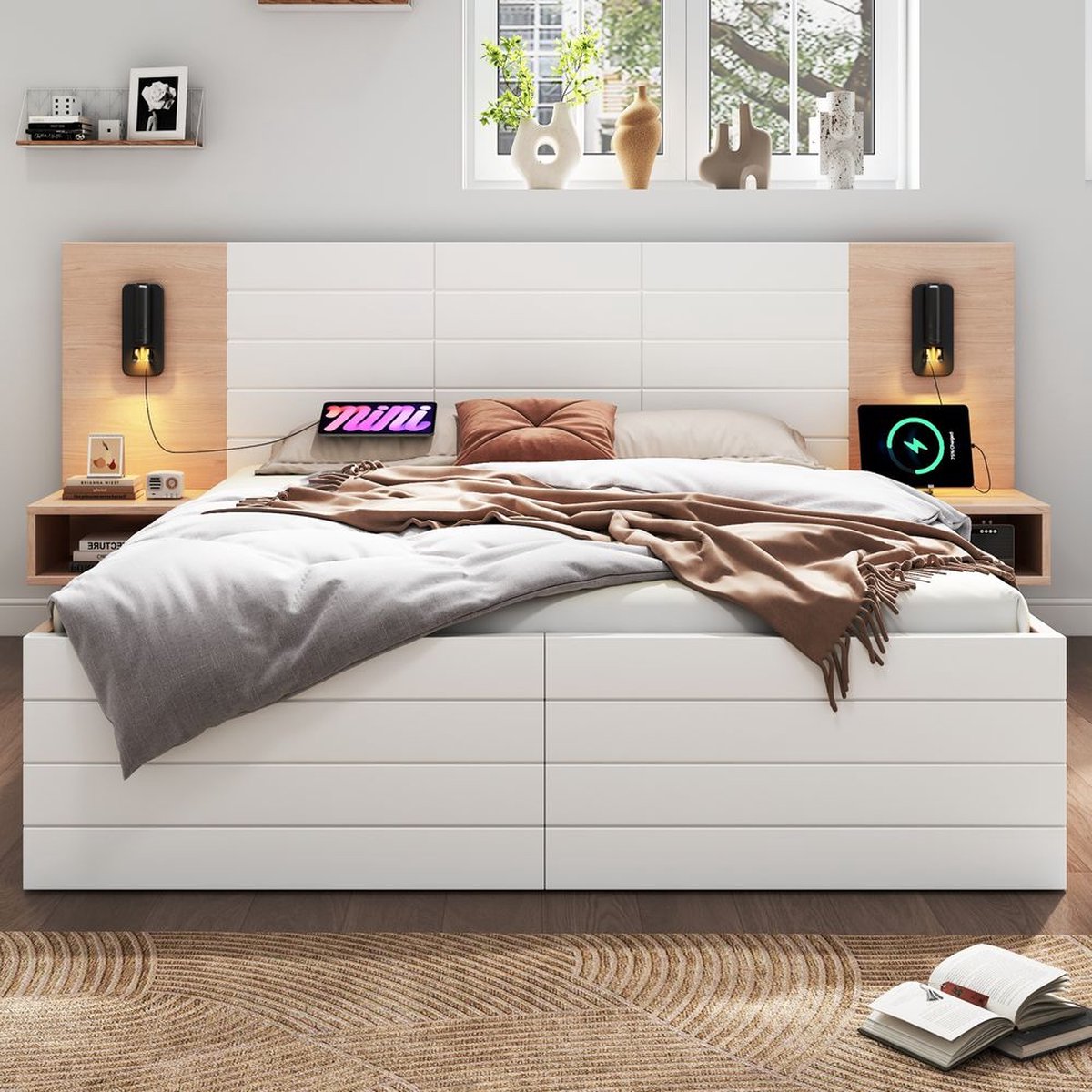 KOMHTOM Tweepersoonsbed met opbergruimte 160 x 200 cm met 2 lades hoofdeinde met leeslampje en USB-oplader inclusief 2 nachtkastjes Wit met matras