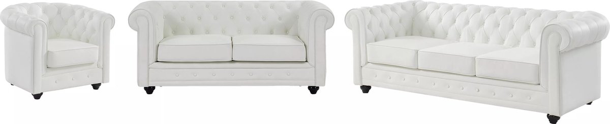 Vente-unique Fauteuil en twee- en driezitsbank in wit kunstleer – - CHESTERFIELD