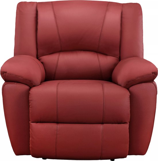 Klassieke rode relaxfauteuil met gestoffeerde rugleuning en zitting.