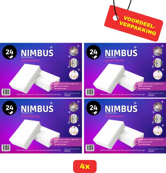 Vier verpakkingen met elk 24 witte Nimbus wondersponzen, geschikt voor elk oppervlak.