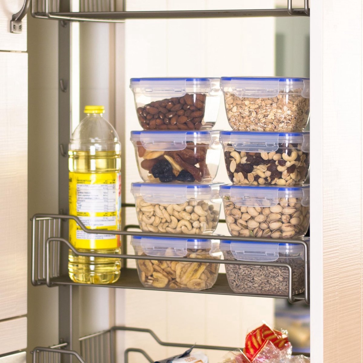 Plastic voedselopslagcontainers set, 8 x voorraadpotten met deksels, medium, rechthoekig, stapelbaar, breekbaar, magnetron- en vaatwasmachinebestendig