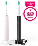 Roze en zwarte Philips Sonicare sonische tandenborstels met opladers, met 'Beste Koop' sticker.