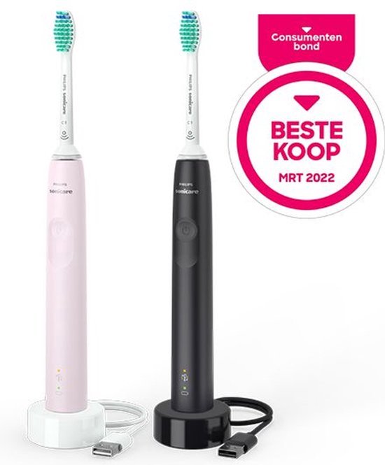 Roze en zwarte Philips Sonicare sonische tandenborstels met opladers, met 'Beste Koop' sticker.